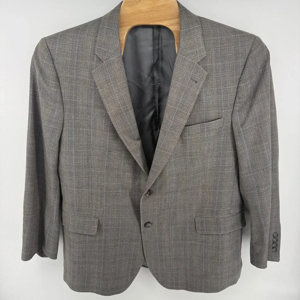 Jos A Bank Signature Collection Blazer Mens 46R Gray Silk Wool Plaid Sport Coat